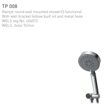 ECT Rainjet Round wall mounted shower (3 functions) With Wall Bracket (elbow built in) and metal hose